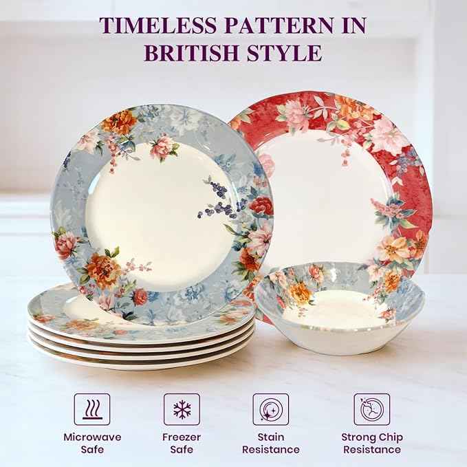 TUDOR Royal Collection 12-Piece Round Porcelain Dinnerware Set, Service for 4 with Dinner Plates, Bowls, and Salad Plates, Crimson Summer Floral Unique Design, Gloss Finish, Durable & Premium Quality