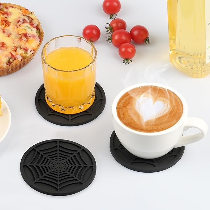 2 Pack Silicone Coasters for Drinks-Black Spider Shape Coaster with Deep Tray Grooved Design, Washable Cup Coasters for Desk, Heat Resistant Non-Slip Plastic Coaster for Coffee Table, Wooden, Kitche