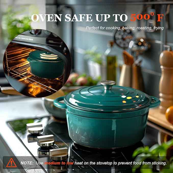 Overmont Enameled Cast Iron Dutch Oven - 7QT Pot with Lid Cookbook & Cotton Potholders - Heavy-Duty Cookware for Braising, Stews, Roasting, Bread Baking bottle green