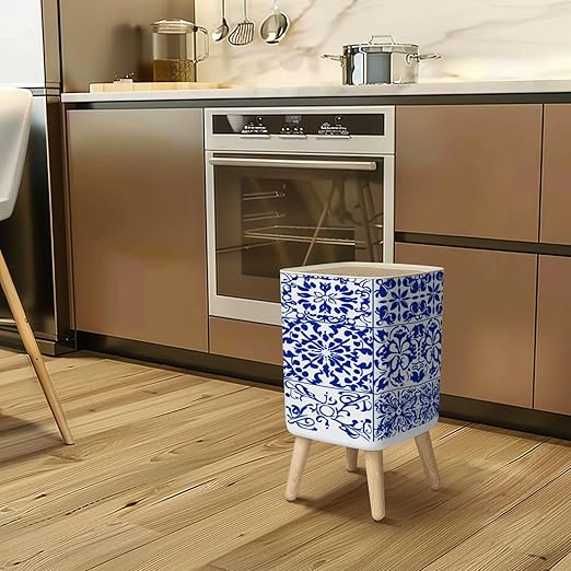 Small Trash Can with Lid Set 16 Tiles Azulejos Blue White Original Traditional Portuguese Spain Wastebasket with Press Cover Dog Proof Garbage Can Waste Bin for Kitchen Bathroom Nursery 2.6 Gallon