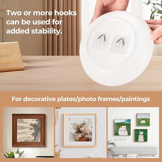 Bilillo 10 Pack Invisible Vertical Plate Hangers, 2.3 Inch Adhesive Plastic Hooks for Hanging Decorative Plates, Wall Art, and Small Artwork