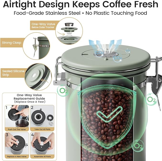 Veken Coffee Canister with Window, Airtight Stainless Steel Kitchen Food Storage Container with Lids, Date Tracker and Scoop for Grounds Coffee, Beans, Tea, Flour, Cereal, Sugar Jars, 22OZ, Green