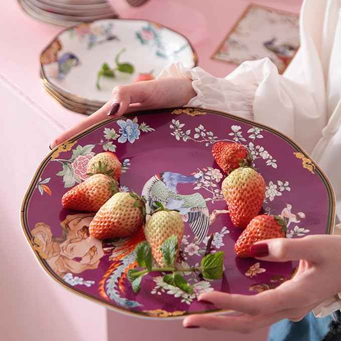 ACMLIFE Bone China Dinnerware Set, Porcelain Dinnerware Sets for 4, Vintage Floral China Dinnerware Set, Light Blue 12 Piece China Set Lightweight Bone China Dinner Sets Plates and Bowls Set (Red)