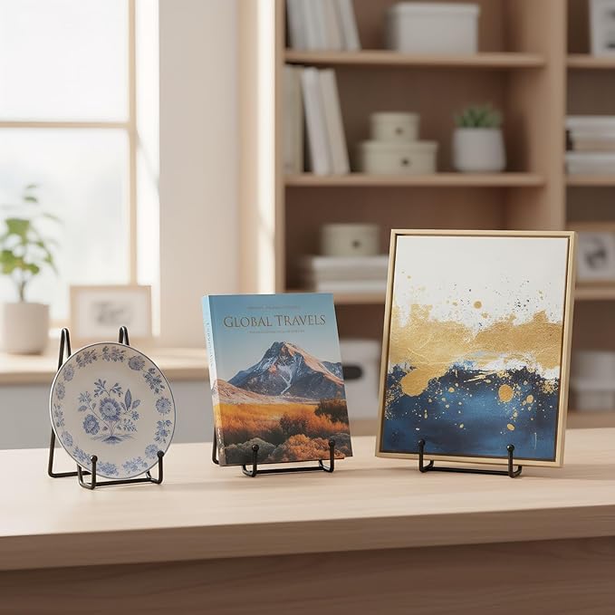 Plate Stands Holder 3 Pack, Picture Frame Display for Bookcase, Photo on Table Top (Black, 6")