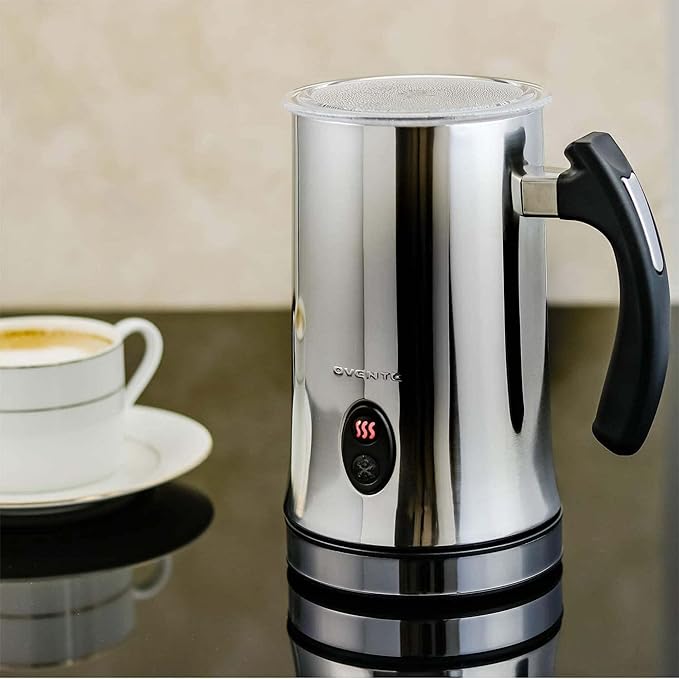 Ovente Electric Double Wall Insulated Non Stick Milk Frother and Steamer Hot & Cold 5 Ounce 10 Ounce Heated Capacity Warmer Whisker for Latte Cappuccino Espresso Coffee Hot Chocolate Chrome FR4810CH