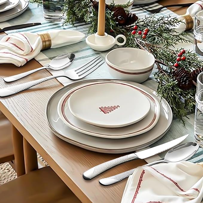 24 Pcs Flatware Set for 6 Persons, Stainless Steel Steak Knife Silverware Set Including Forks and Spoons for Home, Restaurant, Wedding, Party