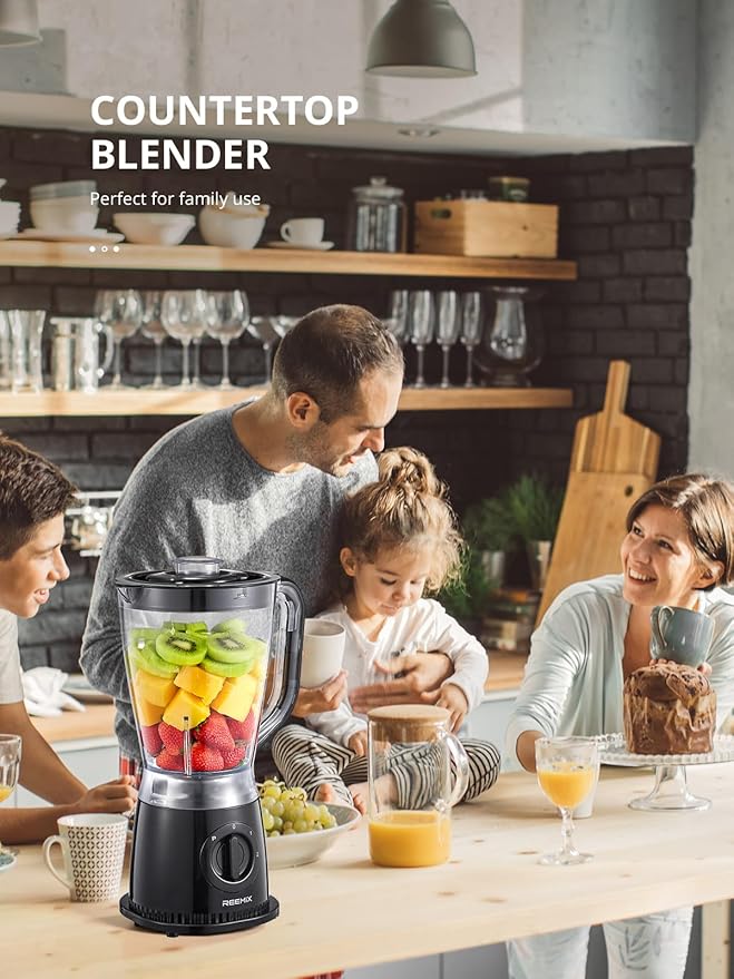 Reemix Blender, 50oz Countertop Blender - 2 Adjustable Speeds + Pulse, Dual Safety Locks, Dishwasher-Safe Pitcher for Smoothies, Crushing Ice & Family Meals