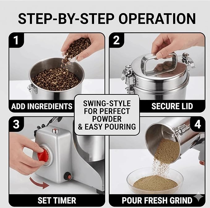 Electric Grain Mill Grinder 800g, High-Speed 110V Stainless Steel Grain Grinder for Flour, Dry Spices, Herbs, Coffee, Rice & Pepper, with 270° Swing Design & Powerful Motor (800g)