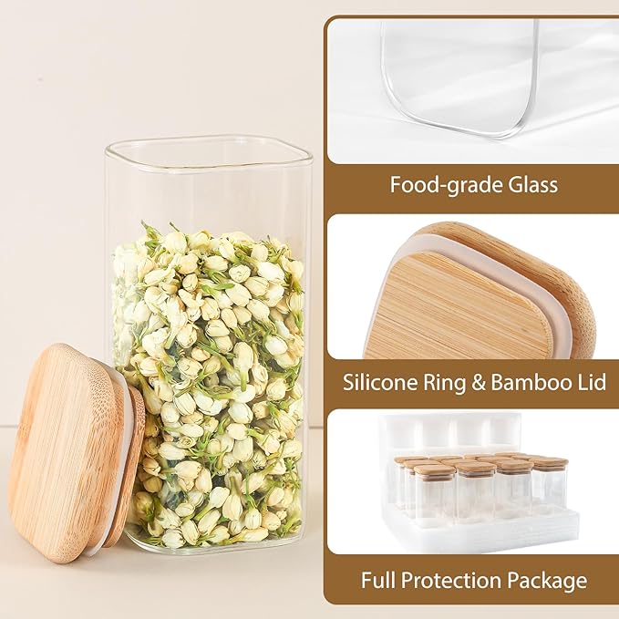 TBWIND 20 Pack 10 oz Square Glass Spice Jars with Lids and Labels – Airtight Small Spice Containers Set, Clear Glass Storage Jars for Seasoning, Spices, Kitchen Pantry Organization