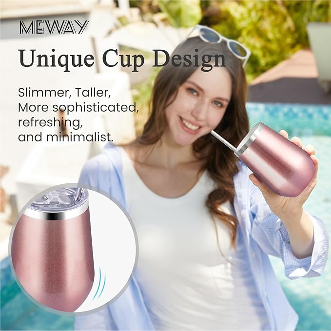 MEWAY Stemless 12oz Insulated Wine Tumbler with Lid and Straw - Double Wall Stainless Steel Thermal Cup for Hot and Cold Drinks, Bridal Shower Prizes for winners(Rose Gold,1)