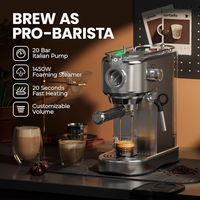 Espresso Machine 20 Bar, Compact Espresso Maker Stainless Steel 1450W Professional Coffee Machine for Latte & Cappuccino with Steam Wand