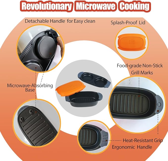 MKYSAIL Quick-Heat Microwave Egg Cooker and 33 OZ Microwave Grill Combo | 2-Piece Breakfast Maker Set for Grilling, Frying, Crisping Meat, Bacon, Pancakes & Veggies | Dishwasher Safe & Non-Stick for Kitchen RV, Dorm, Office(Orange)