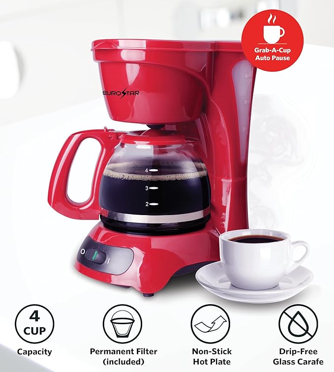 EUROSTAR ECM621R 4-Cup Coffeemaker, Red