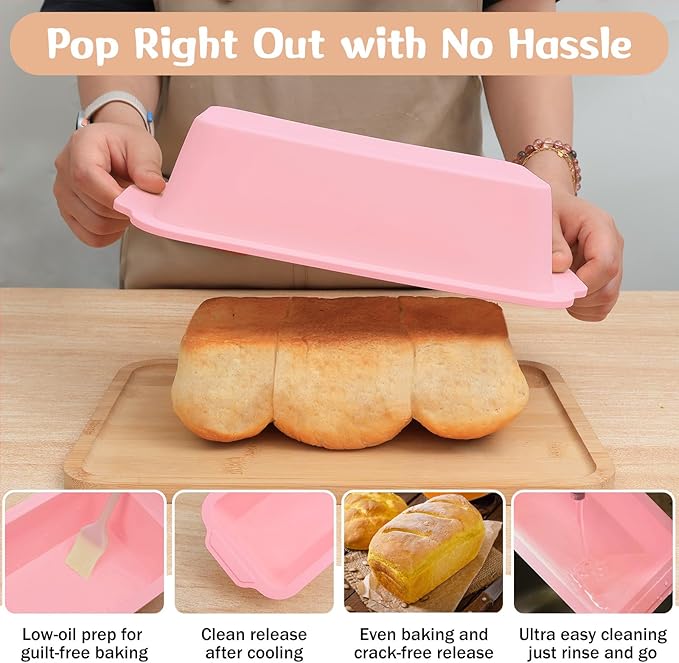 Nonstick Silicone Bread Loaf Pan: 9.5 x 5 Inch Bread Pan for Homemade with Metal Frame - for Baking Oven - Housewife Baker Home Baking Enthusiasts (Pink)