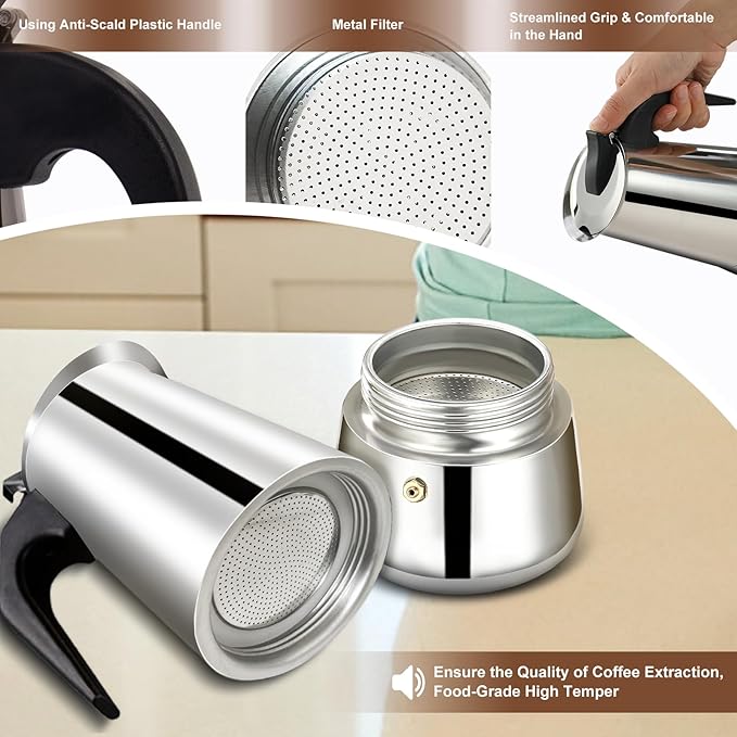 6 Cup Stovetop Espresso Maker Stainless Steel Moka Pot Stove Top Percolator Italian Coffee Makers Capable Mocha Greca Machine Cafe Classic Induction Cookers for Home and Camping 300ml 10oz