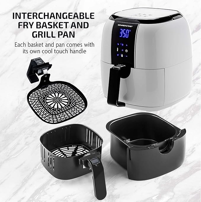 OVENTE Compact Air Fryer, 3.2 Quart Electric Hot Cooker with 1400W Power, Digital LED Touch Screen, Auto Shutoff, Dishwasher Safe Non-Stick Basket, Perfect for Healthy & Oilless Food, White FAD61302W