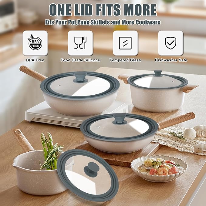 Universal Lid for Pots, Pans, and Skillets - Silicone Replacement Pan Lid Fits 11", 12", 12.5" Cookware - Tempered Glass Pot Lid Cover for Frying Pans, Cast Iron, CrockPot