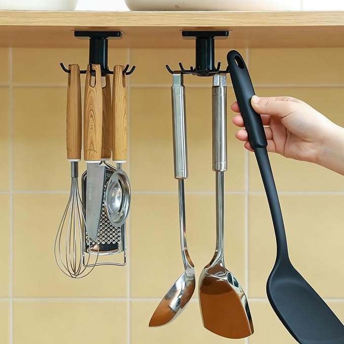 360° Rotating Kitchen Hooks, Adhesive Utensil Organizer Rack with 6 Hooks - No Drill Cabinet Mount for Spoons, Towels & Cups (2pcs)