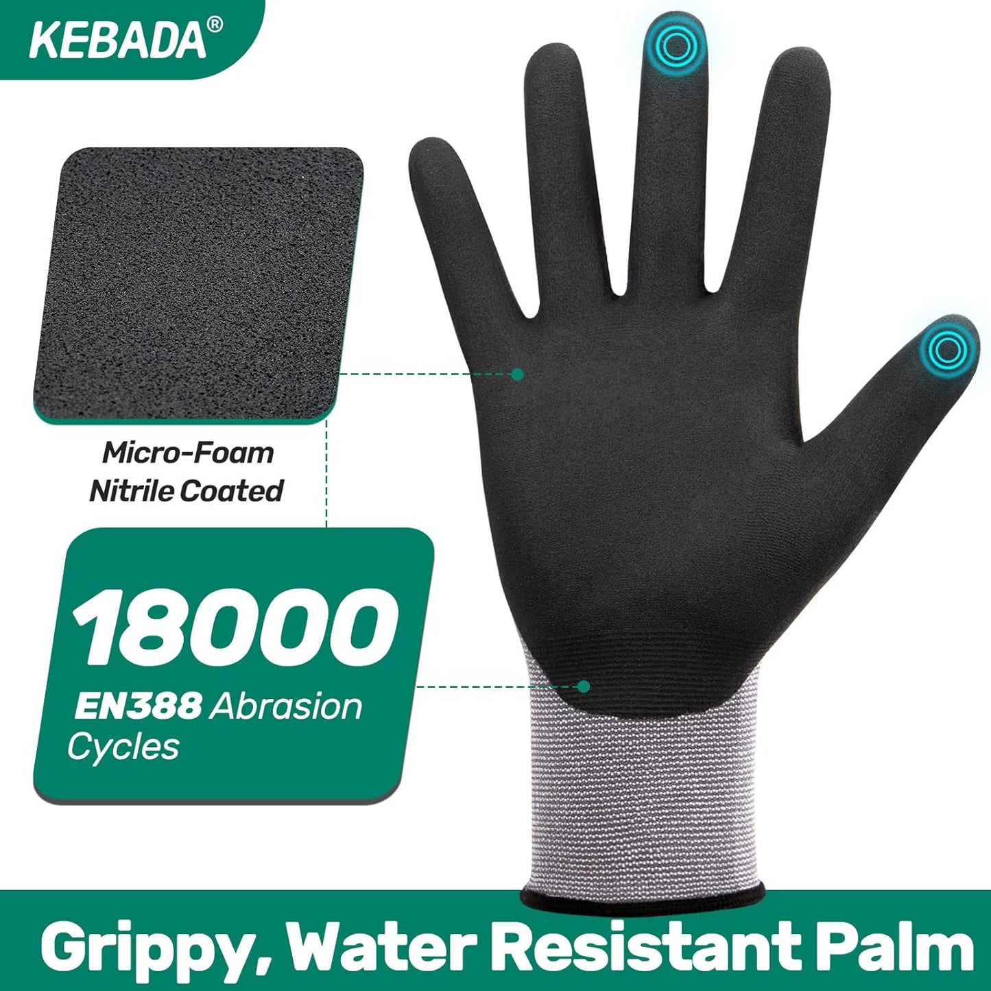 Kebada W2 Work Gloves for Men and Women, Nitrile Coated Working Gloves for Gardening, Construction, Warehouse, Safety Gloves for Work in Yard and Outdoors, 6 Pairs, Large