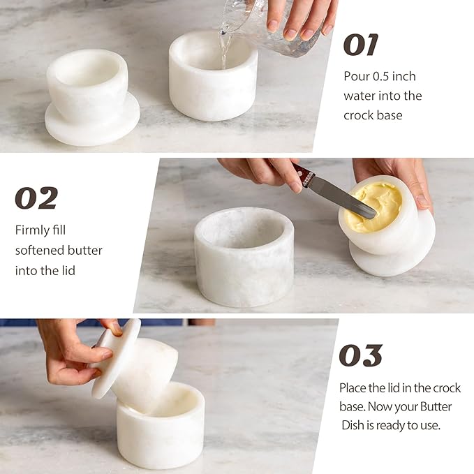 Koville White Marble Butter Keeper Handmade French Butter Holder For Kitchen Counter Decor, Stone Butter Dish Butter Container & Crock for Kitchen, Handmade Butter Crock For Spreadable Butter Ideal