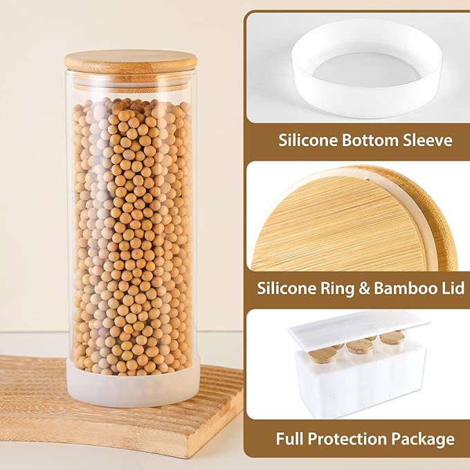TBWIND 34oz Round Glass Storage Containers with Bamboo Lids – 6 Pack Medium Clear Food Airtight Glass Jars for Pantry Organizers and Storage, Kitchen Dry Food, Flour, Cereal, Coffee Beans & Staples
