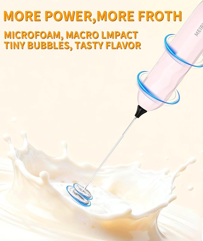 MEIRUBY 2-Pack Milk Frother Handheld with Stand, Valentines Day Gifts for Him and Her, Powerful Electric Coffee Frother, Coffee Lover Gift for Lattes, Cappuccino, Matcha & Hot Chocolate, White/Pink
