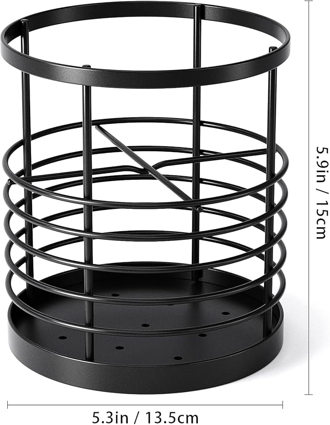 Utensil holder for Kitchen Counter - 5.2" x 5.2" x 6" Large Round Utensils Holder with Wooden Base Matte Black Cooking Utensil Holder，Kitchen countertop Utensil Organizer (Metal-1)