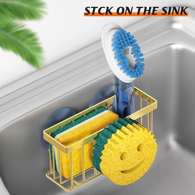 Sponge Holder Smiley Face, Sink Caddy for kitchen Sink, Kitchen Organizer Sponge Holder with 2 PCS Suction Cups/1 PCS Adhesive Strips, Designed for Sponge, Soap, Dish brush, Scrubber-Gold