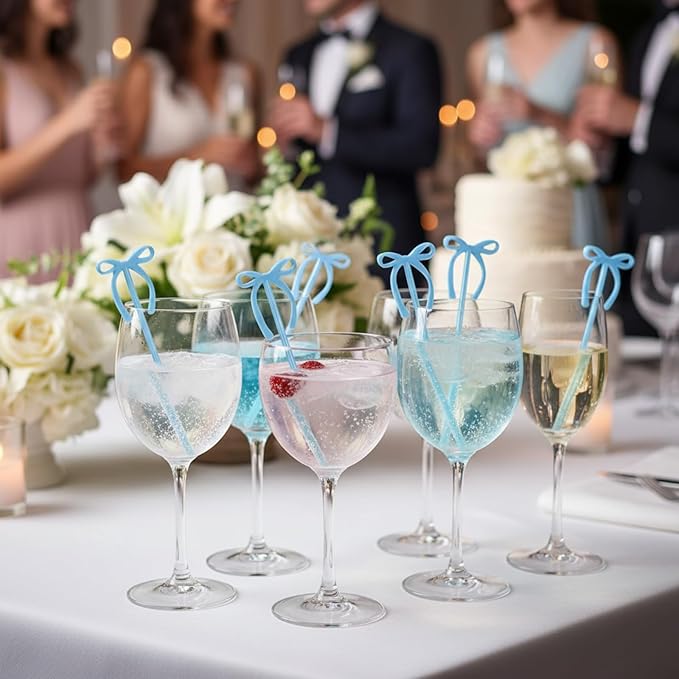 SiliFine 30 Pcs 6 Inch Party Drink Stirrers, Bow Stir Sticks Coffee Stirrers Reusable Plastic Swizzle Sticks for Wedding Birthday Bridal Cocktail Decorations Galentines Supplies(Blue)