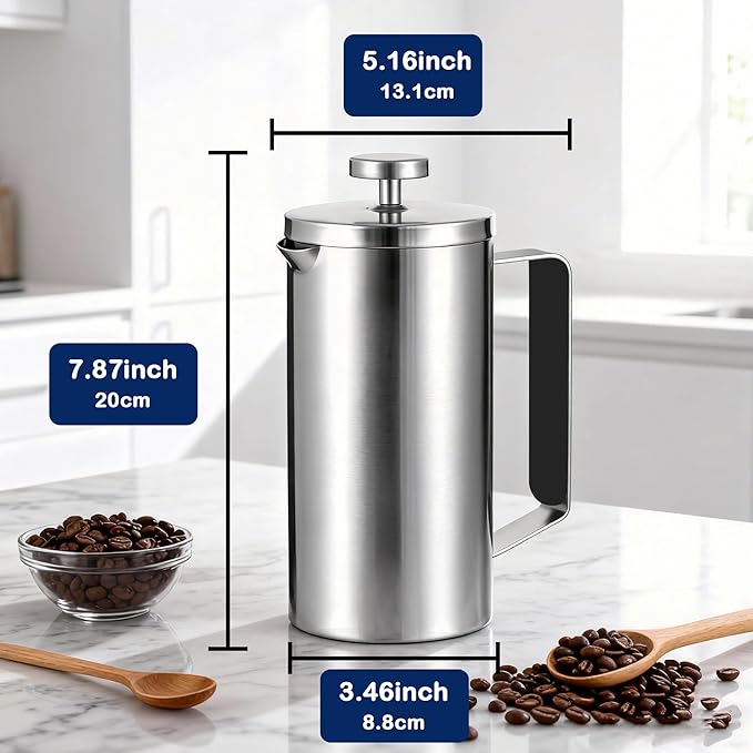 Samll French Press Coffee Maker 21OZ, Stainless Steel 600ml Coffee Press with Black Handle for Personal, Office, Travel,Camping (Sanding Silver, 1-3 Cups)