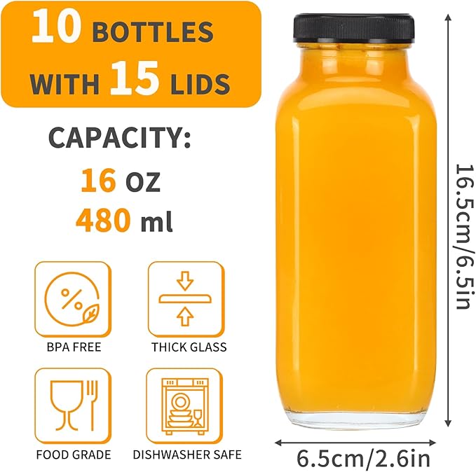 CUCUMI 10pcs 16oz Glass Juice Bottles with Lids, Reusable Juice Containers Drinking Jars Water Cups with Brush, Glass Straws, Lids with Hole | 10pcs, with Lids, Reusable, Juice Containers, Drinking Jars, Water Cups