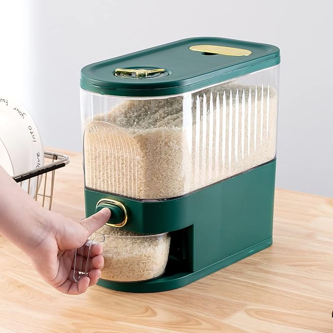 Sooyee 11 Lbs Rice Dispenser, Large Grain Container Storage with Lid Measuring Cylinder Moisture Proof Household Cereal Dispenser Bucket for Kitchen Soybean Corn,Clear and Green