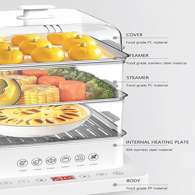 Food Steamer Electric Multicooker 800W | 3 Layers with Automatic Heat Preservation | Foldable Design | Touch Control Visual Panel