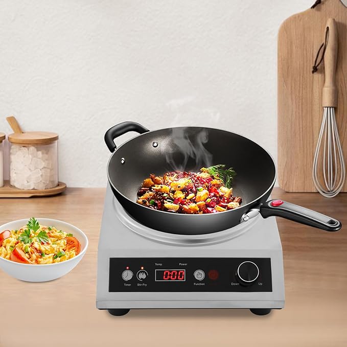 1800W Electric Wok Used For Home And Commercial,Induction Wok With Concave Surface Stainless Steel Strong Power Dual Control Mode 10 Power And Temp 24H Timer Induction Cooktop For Cooking