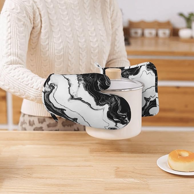 Oven Mitts and Pot Holders Marble Black White Liquid Abstract Silicone Kitchen Accessories Set of 4 Heat Resistant Long Gloves Potholder Non-Slip Grip for Chef Cooking Baking Grilling BBQ