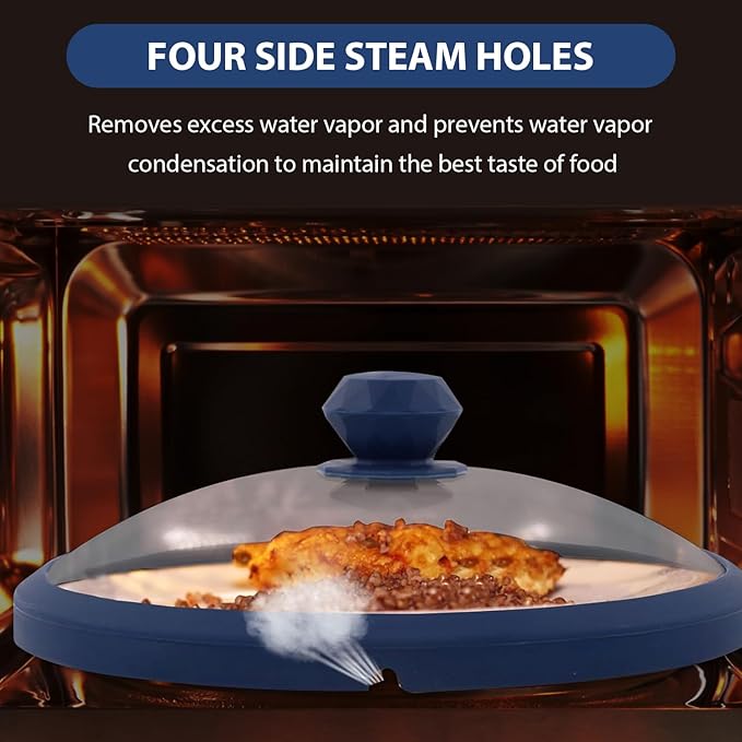 Microwave Glass Cover Splatter Guard Lid with Anti-scald Silicone Handles and Vented Edge for Food Pot Plate Cover 10.5 inch Blue