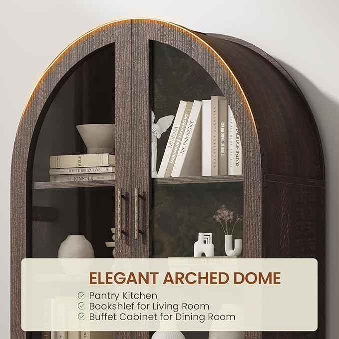 Itaar 71" Arched Kitchen Pantry Cabinet, Kitchen Storage Cabinets with 1 Large Drawer & Storage Cart 2 Tier & Door Shelves for Living Room, Dining Room, Brown