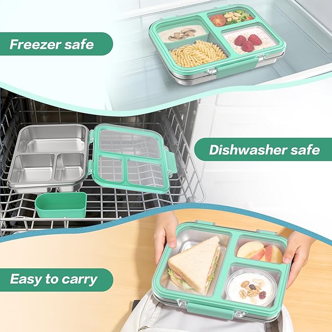 Stainless Steel Bento Box for Kids, 3-Compartment Metal Lunch Box with Clear Lid & Removable Silicone, Lunch Box Kids with Silicone Inner Container for Meal Prep, School, Office (Blue)