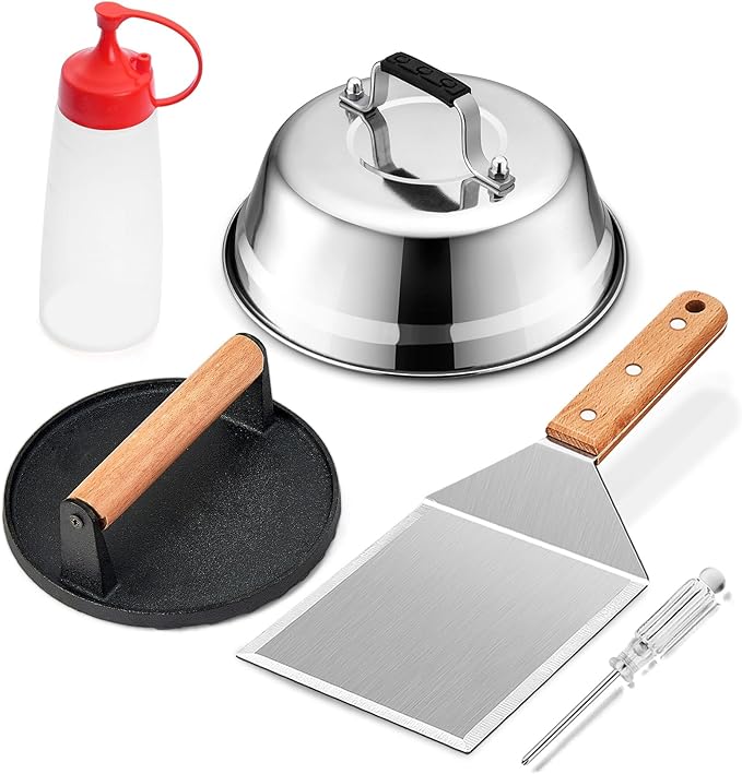 Griddle Accessories Smash Burger Kit (5Pcs), Joyfair Grill Spatula with 9in Melting Dome & Bacon Press Set, Stainless Steel Turner, Basting Cover, Cast Iron Press for Outdoor BBQ (Wooden Handle)