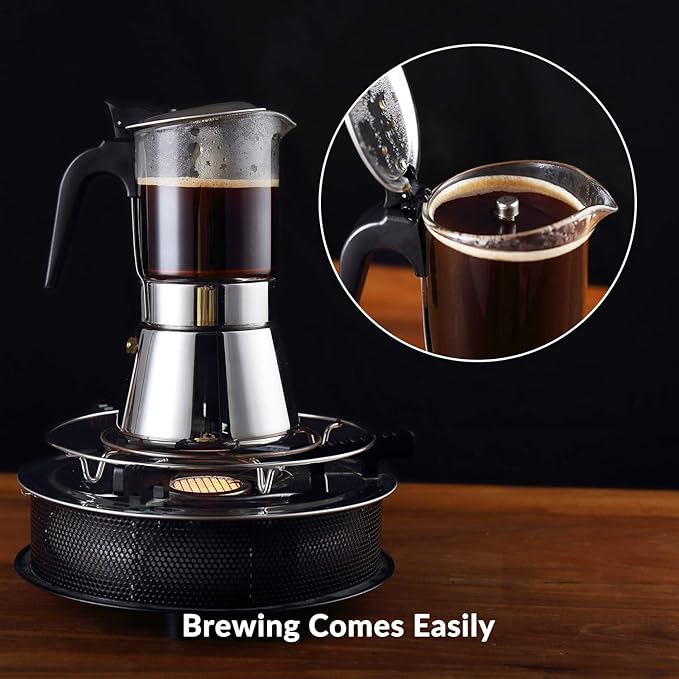 Geesta Premium Crystal Glass-Top Stovetop Espresso Moka Pot - 4/6/ 9 Cups Stainless Steel Coffee Maker- 360ml/12.7oz/9 cup (espresso cup=40ml)