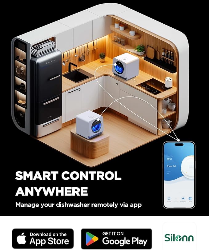Silonn Portable Countertop Dishwasher, Smart App Control, Triple-Jet Cleaning, Built-In Dual Supply &Water Tank. Compact for Apartment, RV, Dorm
