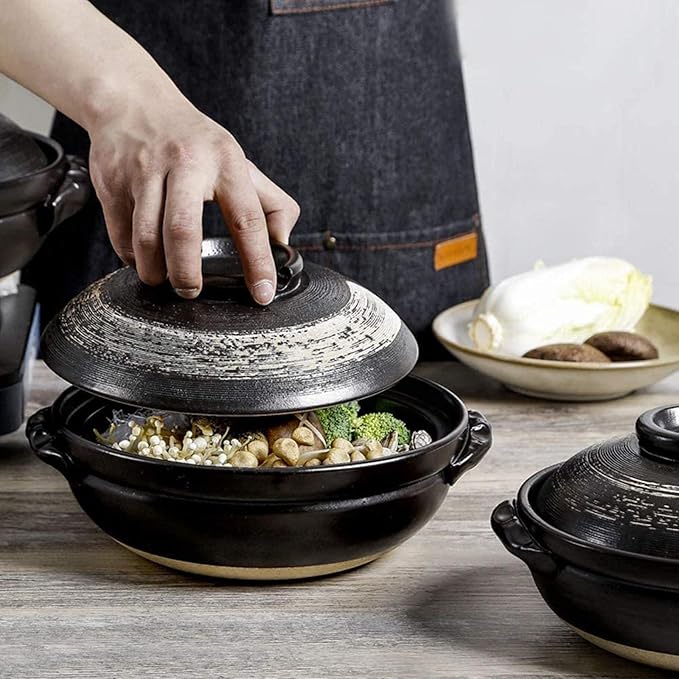 Round Casserole Dish Heat-Resistant Ceramic Casserole With Lid Soup Pot With Soup Pot Oil-Free Saucepan Japanese Donabe Hot Pot With Brushstroke Saucepan With Slow Stew W,B-1.7L