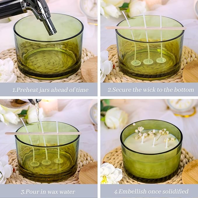 CONNOO 24oz Olive Green Candle Jars 6 Pack, Multi-Wick Wide Mouth Empty Glass Containers for Making Candles with Airtight Bamboo Lids, Sticky Warning Labels, Wick Kit - Dishwasher Safe