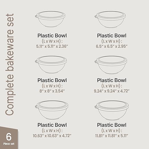 Bakken Master 12 Piece Plastic Nesting Bowls with Lids - Mixing Bowls Set includes 6 Prep Bowls and 6 Lids, BPA-Free, Reusable Meal Prep Containers, Microwave, Freezer & Dishwasher Safe, Brown