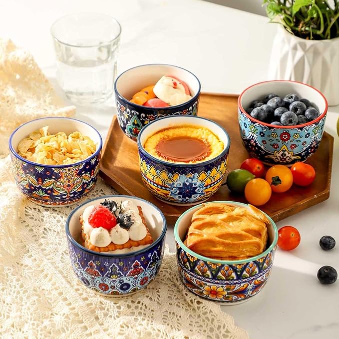 Glowworm 8 Oz Ramekins Set of 6, Ceramic Creme Brulee Ramekins, Colorful Souffle Dishes for Snacks, Ice Cream, Pudding Custard Cups for Baking, Oven & Dishwasher Safe, Bohemian