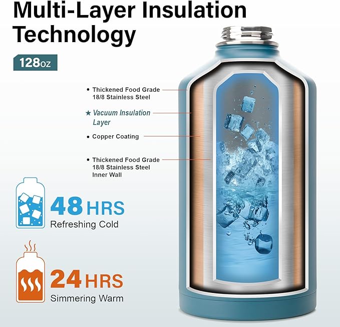 DYSANKY 1 Gallon Water Bottle Insulated | Thickened Stainless Steel Vacuum Metal Water Jug | Portable Sports Large for Gym and Hiking with Straw, Carrier Bag, Handle Strap | BPA-Free 128 oz