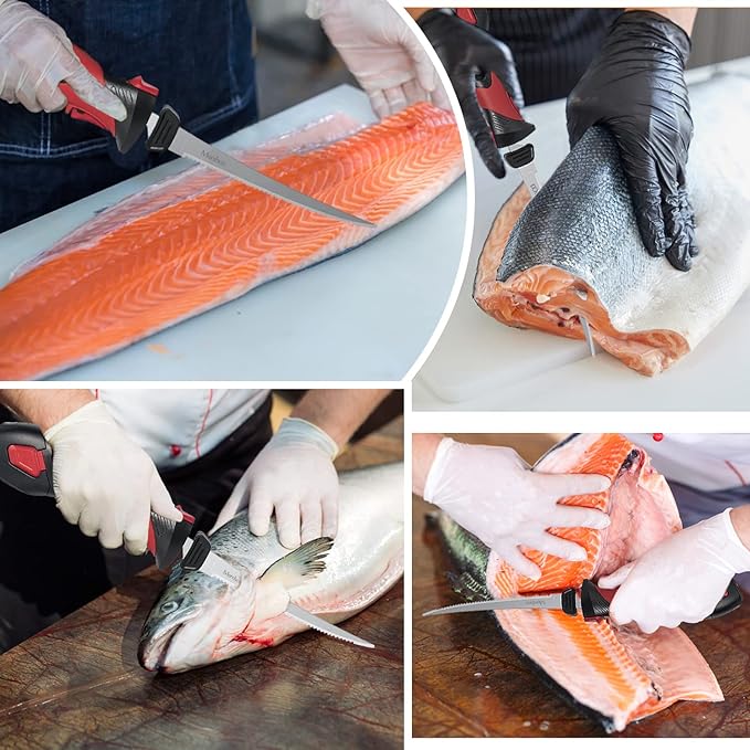 Cordless Electric Fillet Knife - 5 Ti-Nitride Coated Non-Stick Blades, Ergonomic Non-Slip Grip Handle & Cooling Vent Stylish with Carry Bag,Perfect Electric Knife for Effortless Fishing (Red)