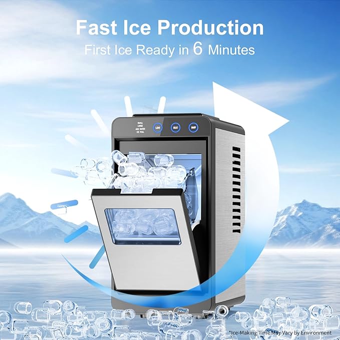 Kismile Ice Maker Countertop, 26Lbs/24H Bullet Portable Ice Maker Machine with 2 Ice Sizes, Interior Light, Self-Cleaning, 8 Cubes in 6 Mins, 0.8L Compact Ice Maker for Home, Kitchen, Stainless Steel
