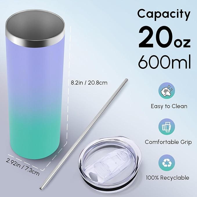 Volhoply 8 Pack Skinny Tumblers with Lid and Straw, 20oz Stainless Steel Straight Tumbler Bulk, Vacuum Insulated Coffee Mug for Home, Office, Travel, DIY (Purple Green,8 Pack)