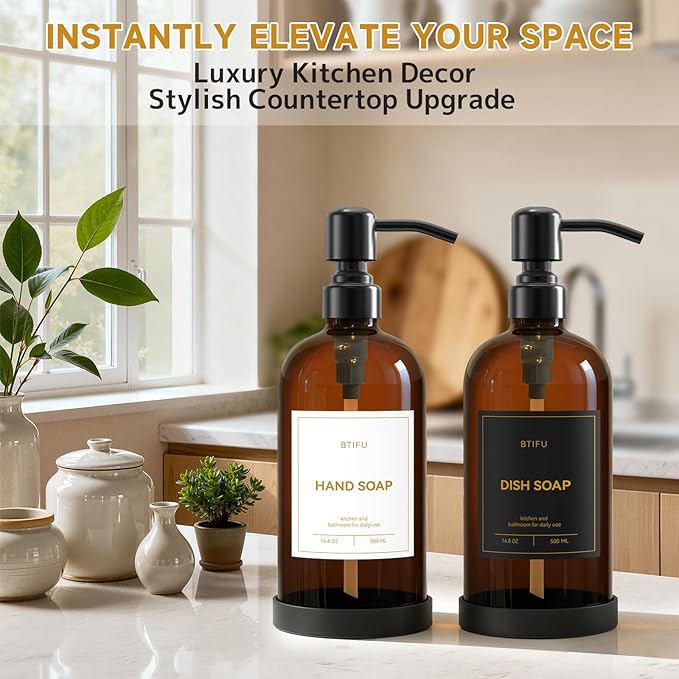 Kitchen Soap Dispenser Set – 16.8oz/500ml Glass Hand and Dish Soap Dispenser with Stainless Steel Pumps & Non-Slip Silicone Base, Luxury Countertop Decor for Home, Airbnb, Hotel (Amber & Black)